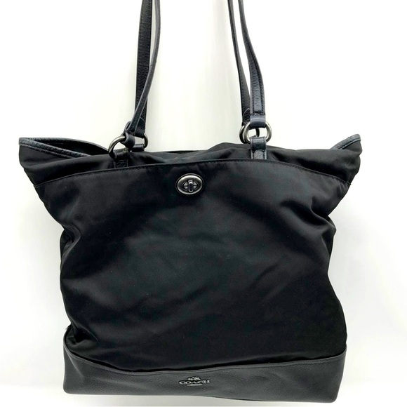 Coach Tote Black Nylon and leather bottom & straps, silver hardware 16”x11”x14” - Picture 7 of 8